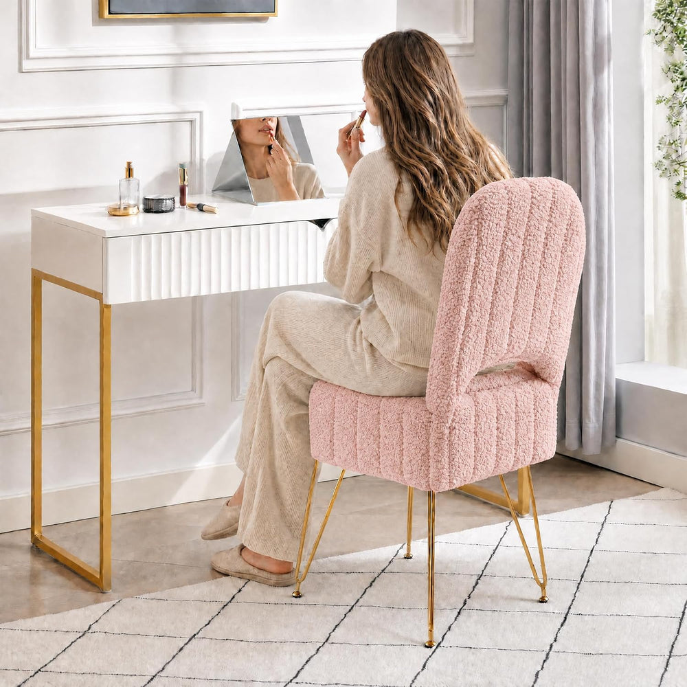 Garvee Vanity Stool Chair with Backrest & Storage,Boucle Fabric,Pink,Large