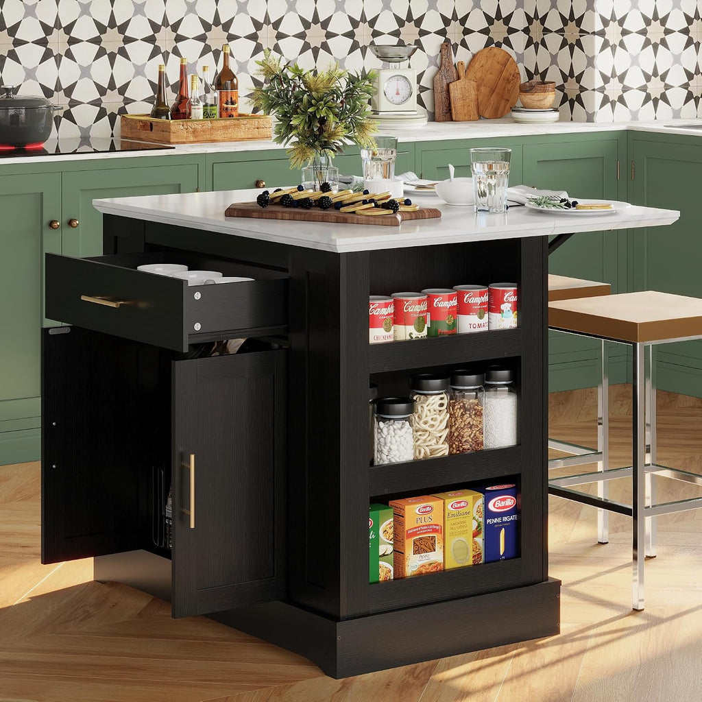 FUSUNBAO Large Kitchen Island with Storage, Drop Leaf & Outlet,Black | Power Outlet,Drawer, Adjustable Shelves, Side Open Compartments, Drop Leaf, Footrest