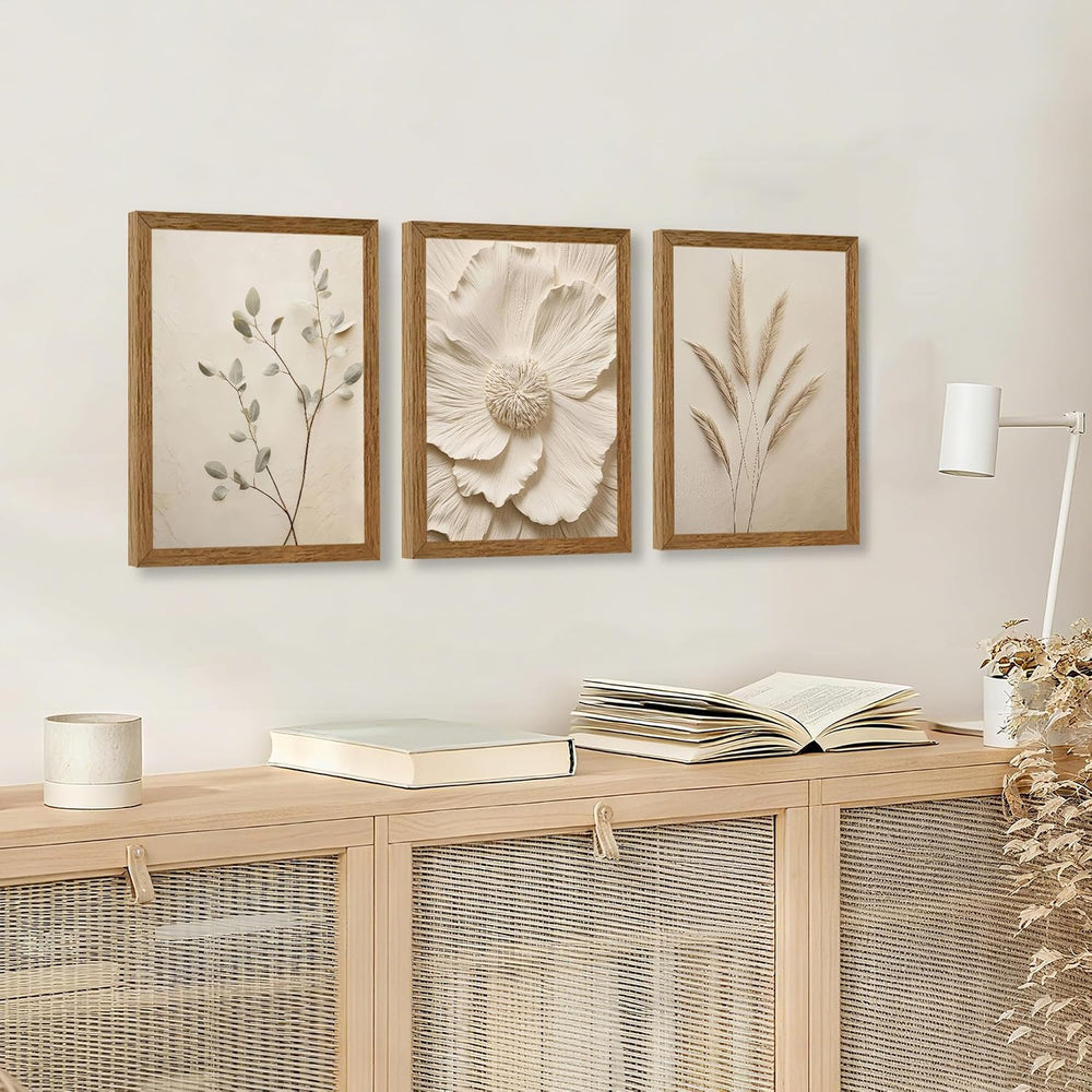 JLTULT Beige Floral Wall Art Set of 3, Solid Wood Frames, 12 x 16 in Each
