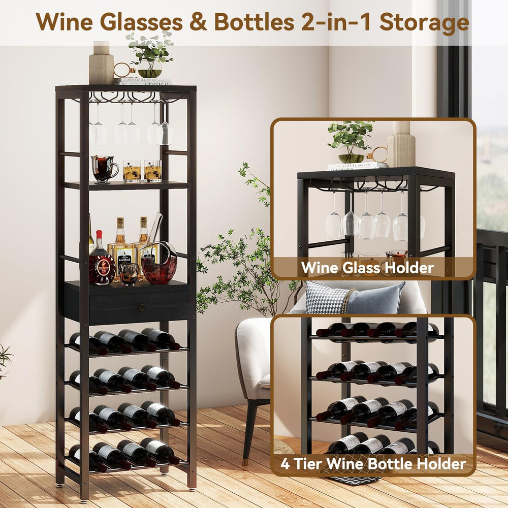 IBUYKE Wine Rack Freestanding Floor with Glass Holder,Black TMJ905B