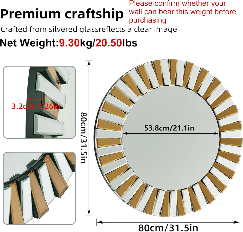 Decorative Round Mirror Sunburst: Silver-Brown Crystal Edge 31.5 in