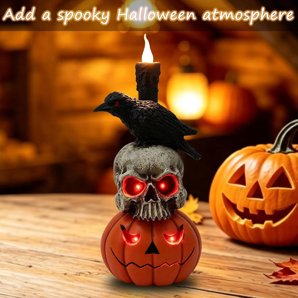 Halloween Pumpkin Skull Resin Statue 14in Gothic Crow Candle Decor