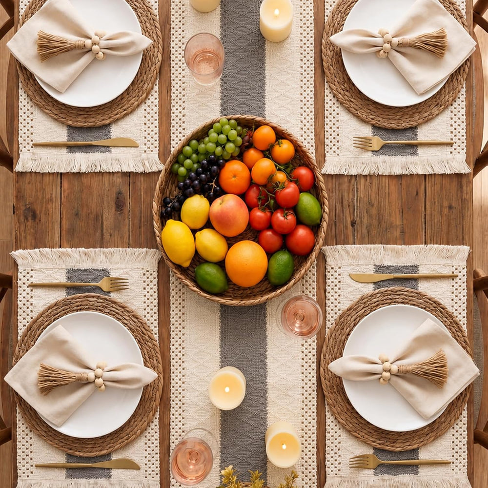 Boho Kitchen Decor Table Runner and Placemats Set, Grey, 6 Sets, 12x72inch