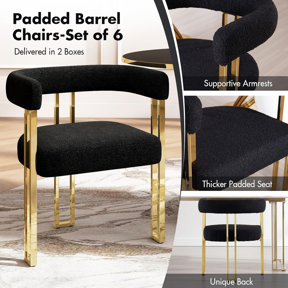 Hyfirm Set of 6 Modern Black Boucle Dining Chairs with Gold Metal Legs, Mid C...