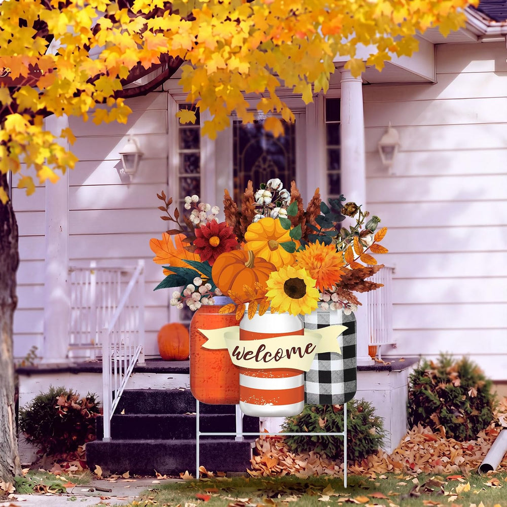 Yookeer Fall Decoration Outdoor Metal Pumpkin Fall Leaf Sign with Stakes