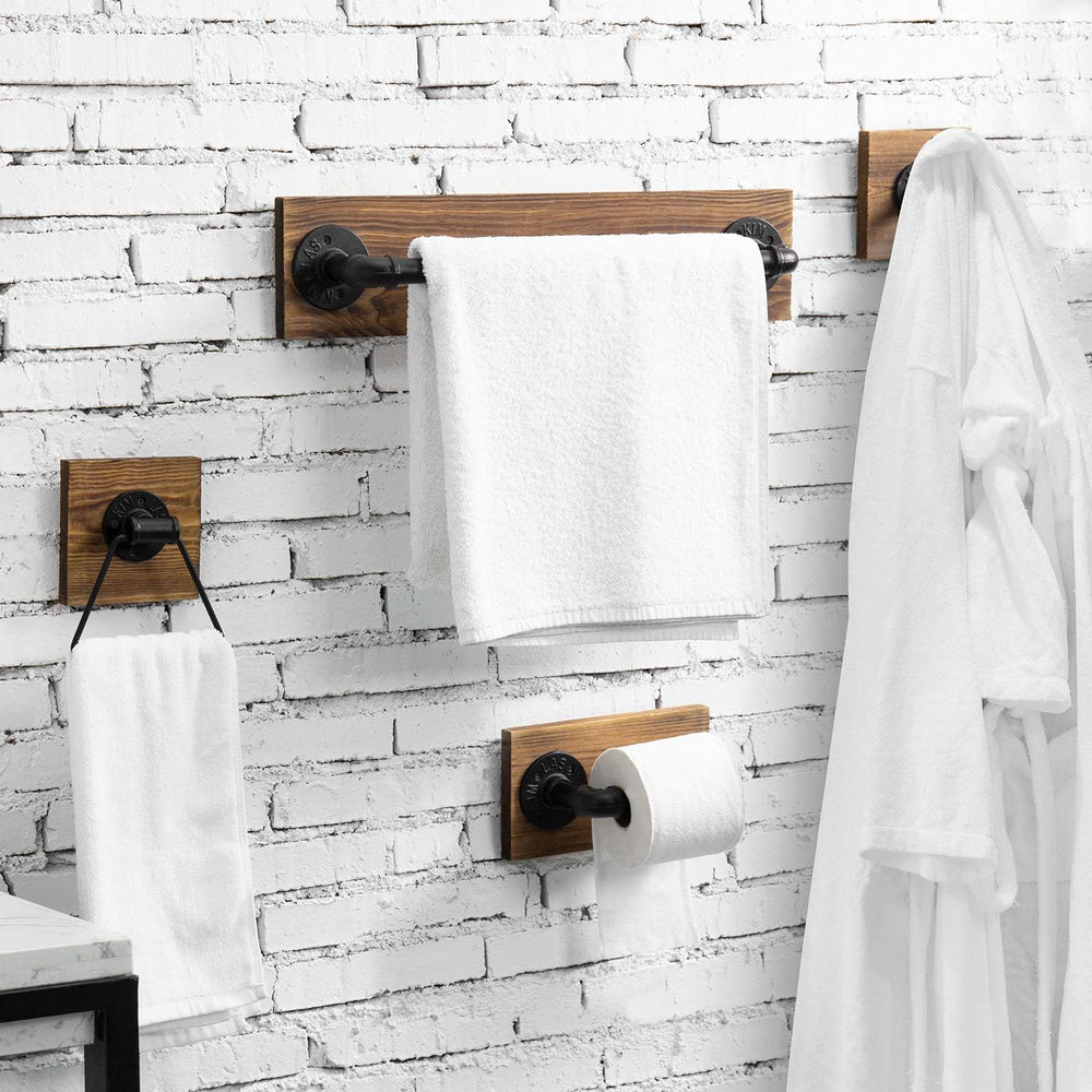 MyGift 4 Pc Bathroom Hardware Set with Burnt Wood & Matte Black Metal Pipe