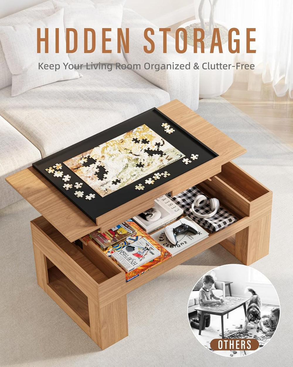Lift Top Coffee Table with Puzzle Tray, Modern Wood Center Table with Hidden ...