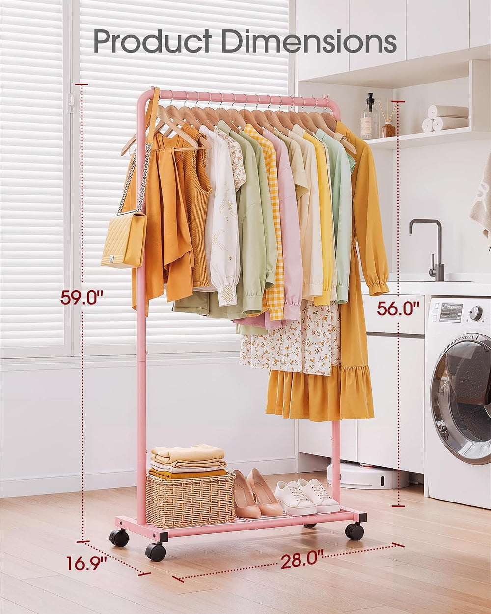 Sakugi Clothes Rack - Clothing Rack with Storage Mesh Shelf & Casters, He...