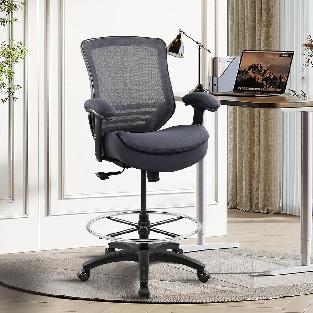 400lbs Wide Mid-Back Office Drafting Chair with Extra Seat Cushion for High S...