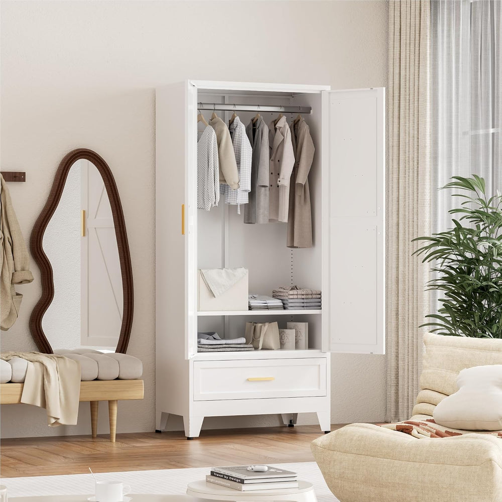 Washsemba 71'' Farmhouse Metal Wardrobe Cabinet with Hanging Rod, 2 B...