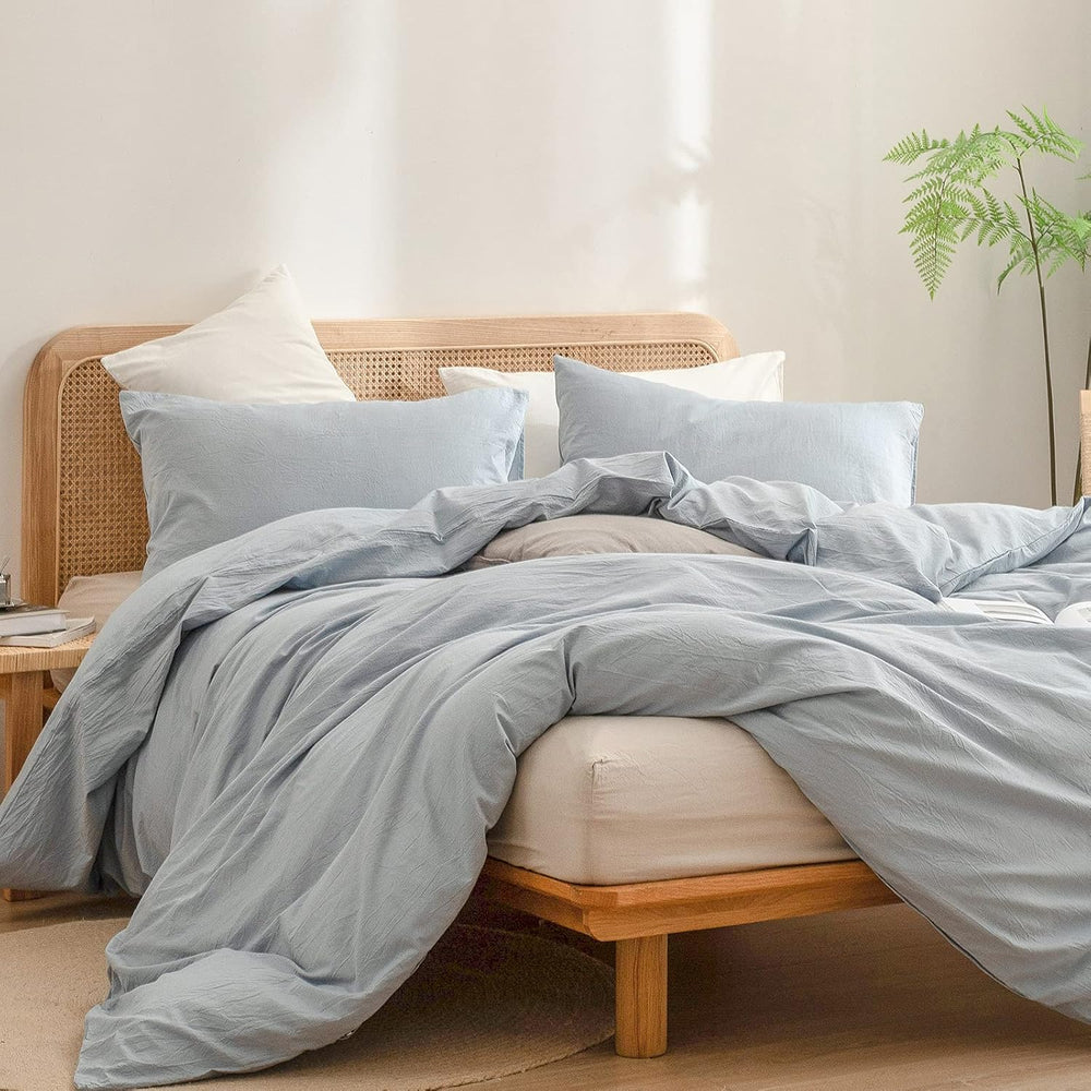 BESTOUCH Cotton Solid Duvet Cover Set Linen Feel Cornflower Blue Queen