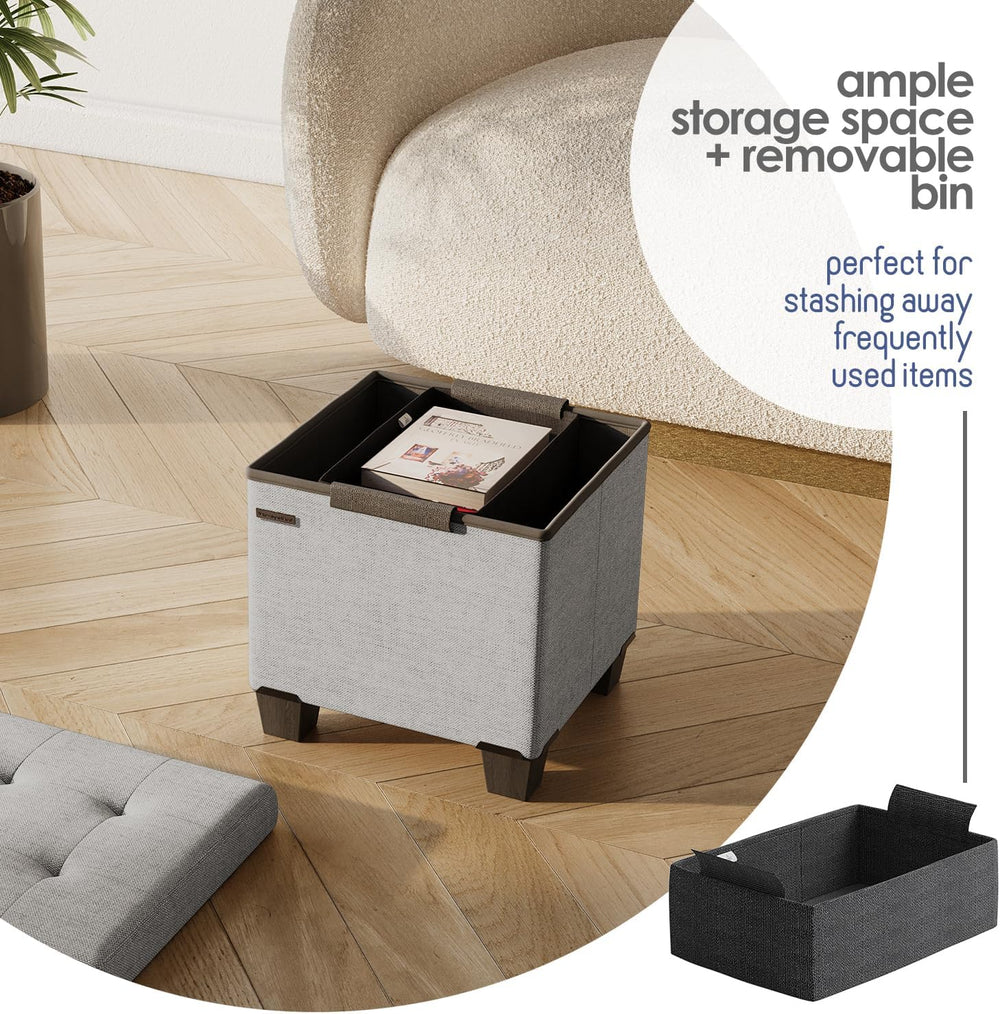 Storage Ottoman Cube with Small Bin, 15-in Square Ottoman with Storage for Li...