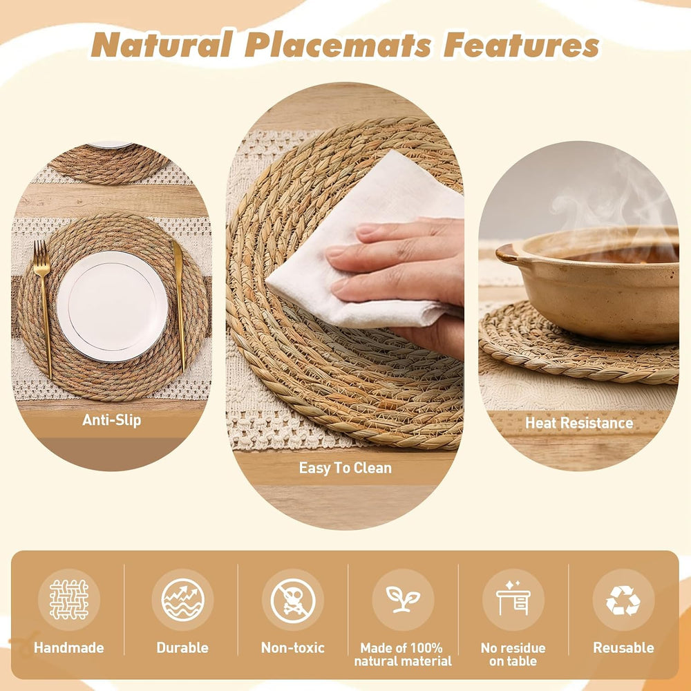 Boho Placemats Set of 6, 32-Piece Table Decor, Farmhouse Rustic Style