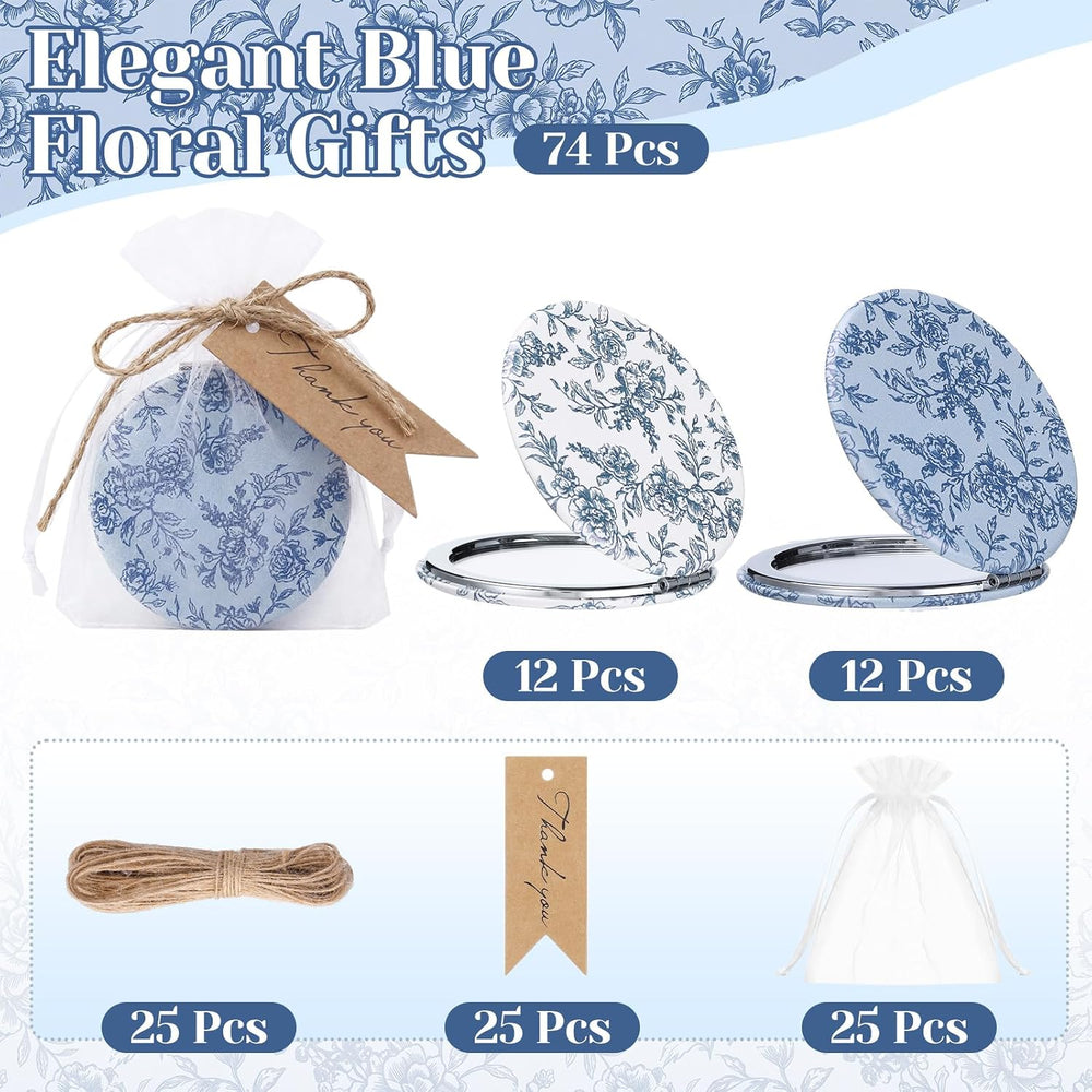 RattanView 24 Set Blue Floral Compact Mirrors Bulk, Bridal Shower Favors