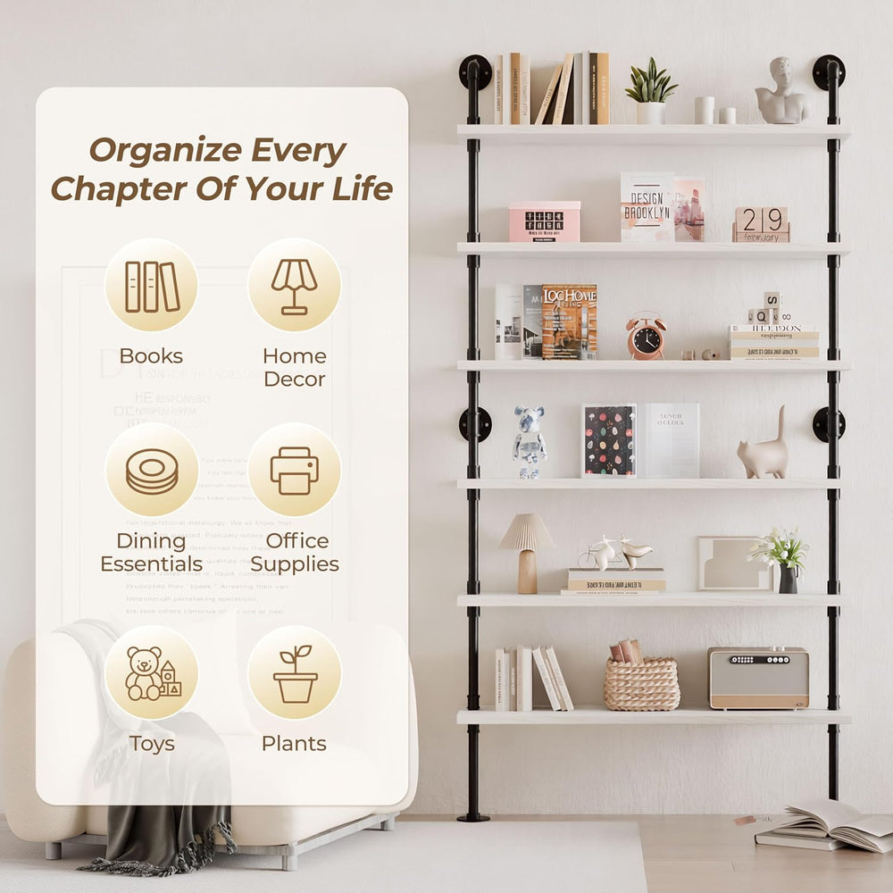 Industrial Pipe Bookshelf, Wall Mounted Shelf, 48 Inch, White