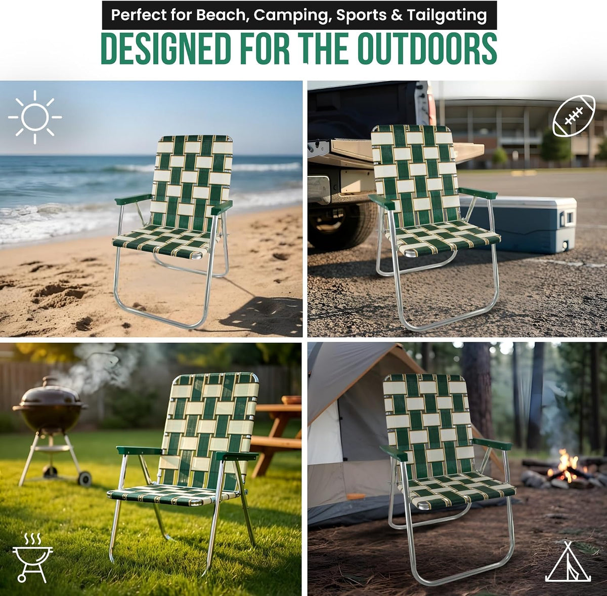 Lawn Chair USA Folding Aluminum Outdoor Patio Lawn Chair | Heavy-Duty Webbed Chairs for Camping, Sports, Beach, Yard & Tailgating | Lightweight Portable | Classic - Black and White Stripe