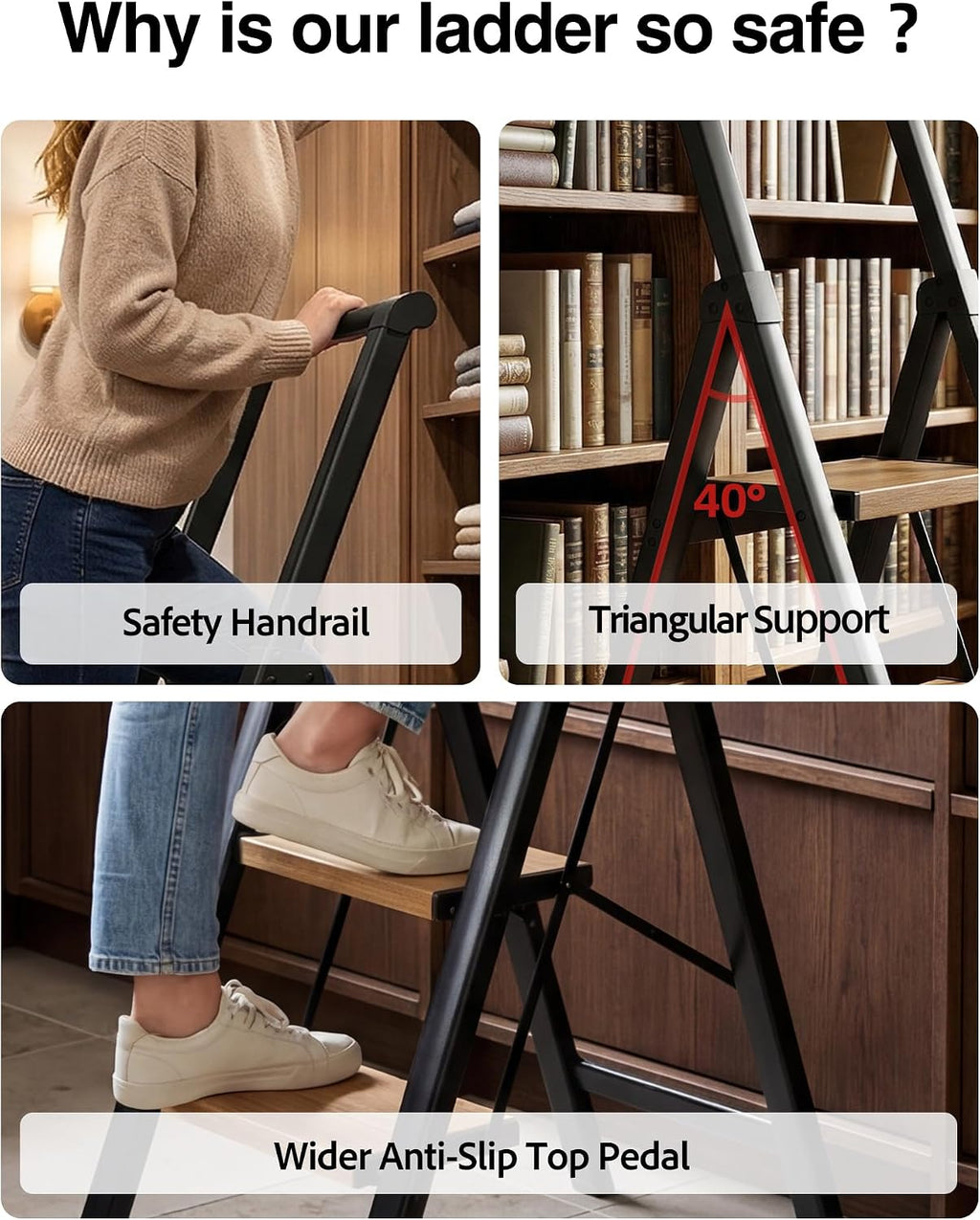 3 Step Ladder,Folding Step Stool with Aluminum Wide Pedal& Convenient Handgrip,330lbs Capacity Steel Ladder for Household and Office(Black &Woodgrain)