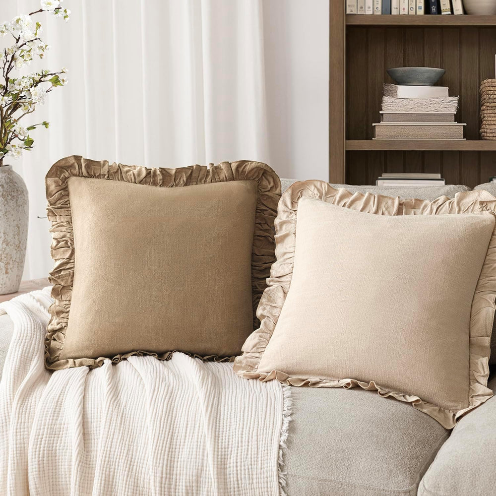 Foindtower Linen Fringe Ruffle Throw Pillow Covers 22×22 Inch Light Brown