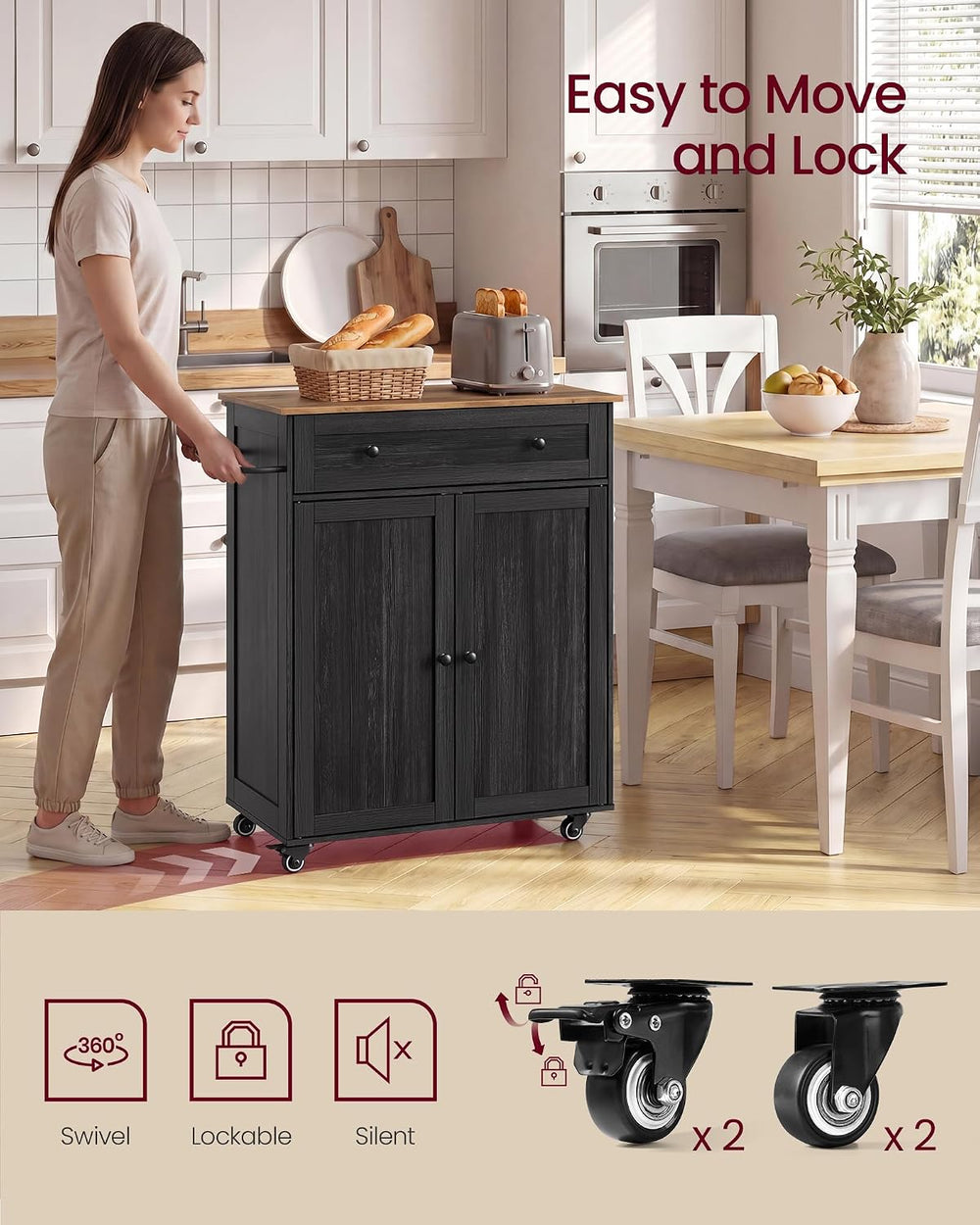VASAGLE Mobile Kitchen Wooden Island Cart with Storage for Dining Room