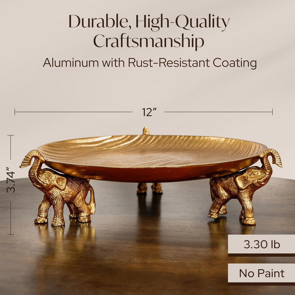 Golden Tray with Elephant Stand - Round Decorative Coffee Table Centerpiece
