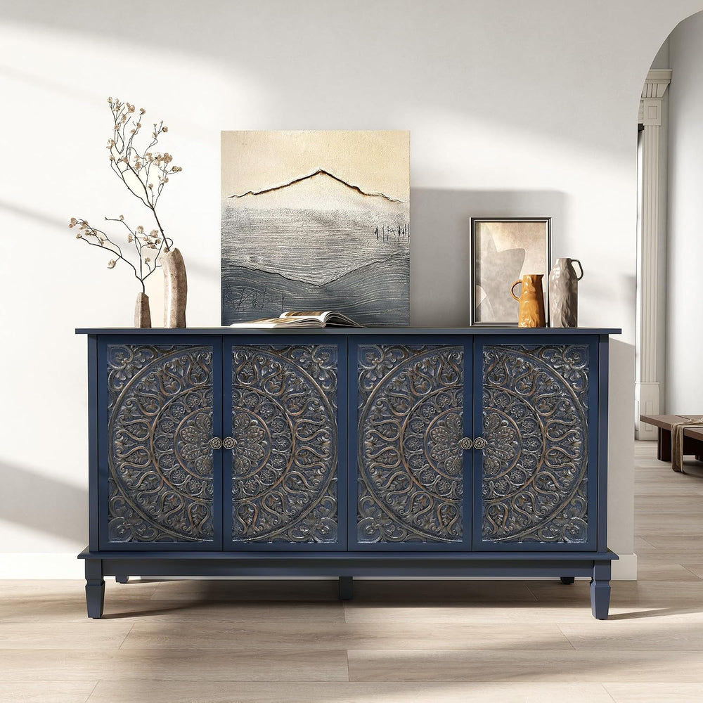 59" Solid Wood Buffet Cabinet, Accent Cabinet, 4 Carved Doors