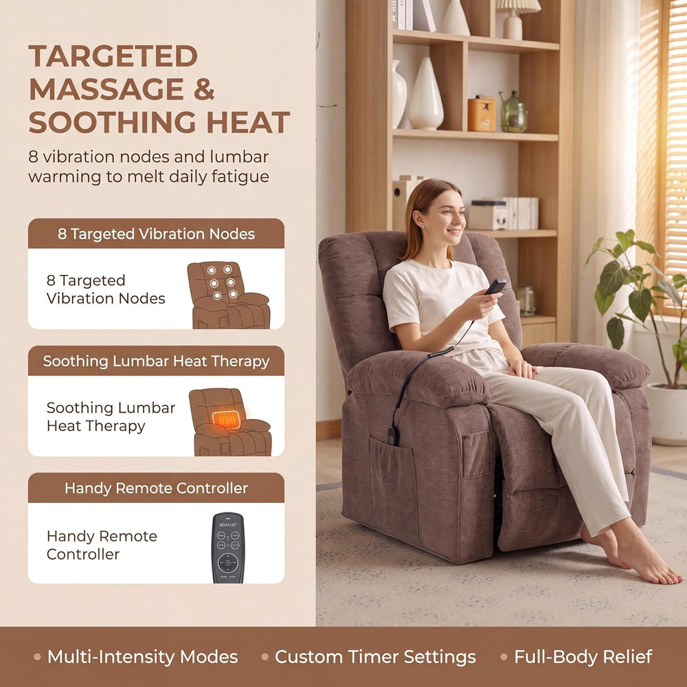 Electric Lift Heat Massage Recliner Chair with Side Pockets, Brown
