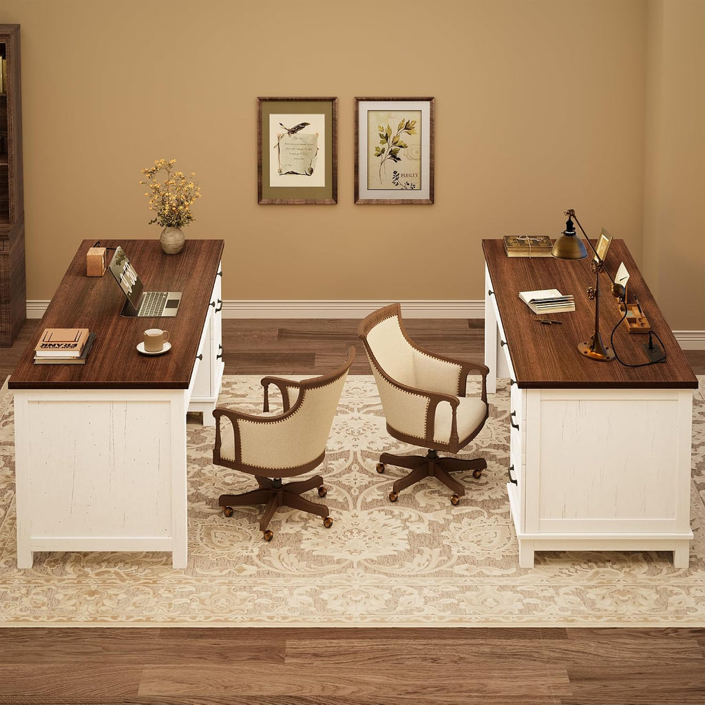 Garvee 53.5" Wooden Home Office Desk with File Drawers, Executive Desk with Power Outlet, Farmhouse Wood Desk with Storage, Distressed Study and Work Table, Rustic White