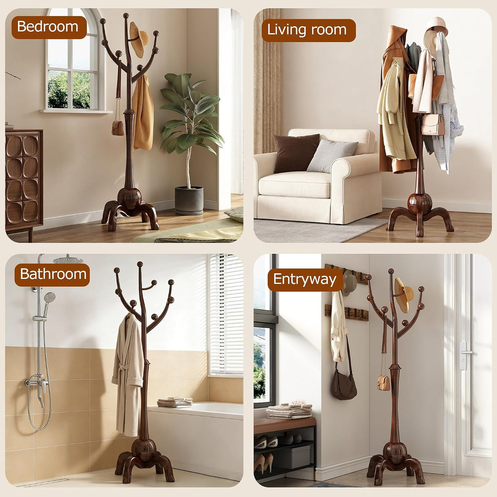 Wood Freestanding Coat Rack 8 Hooks Coat Tree Standing,Dark Walnut