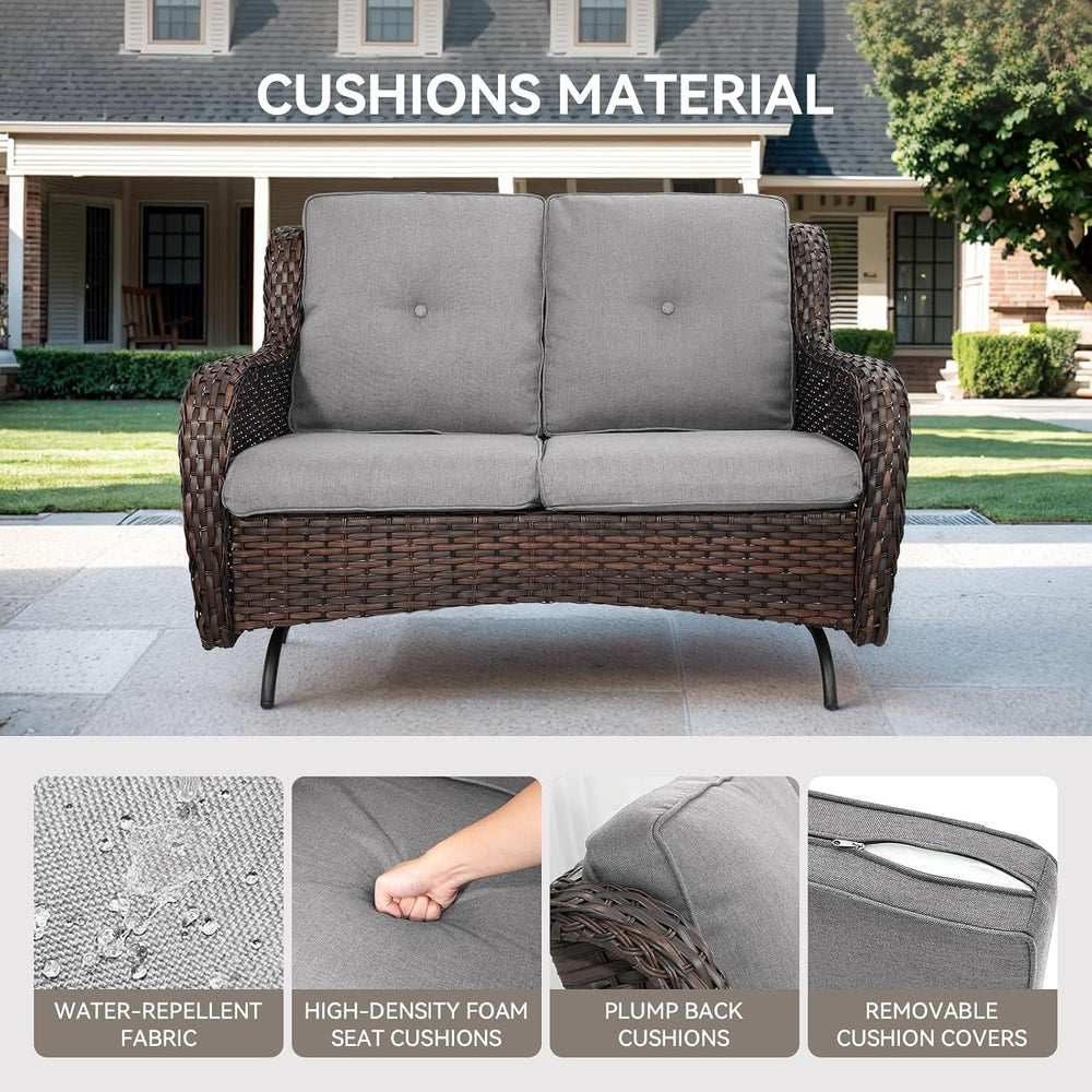 Patio Loveseat Wicker Loveseat Rattan Glider Sofa with Curved Armrest Thickin...