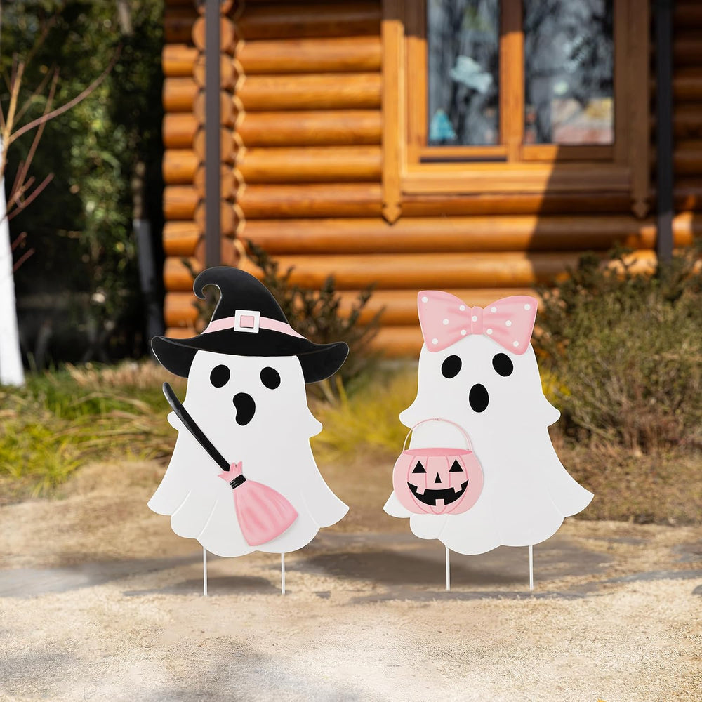 Glitzhome Halloween Ghost Yard Sign Set of 2, Cute Outdoor Ghost with Witch B...
