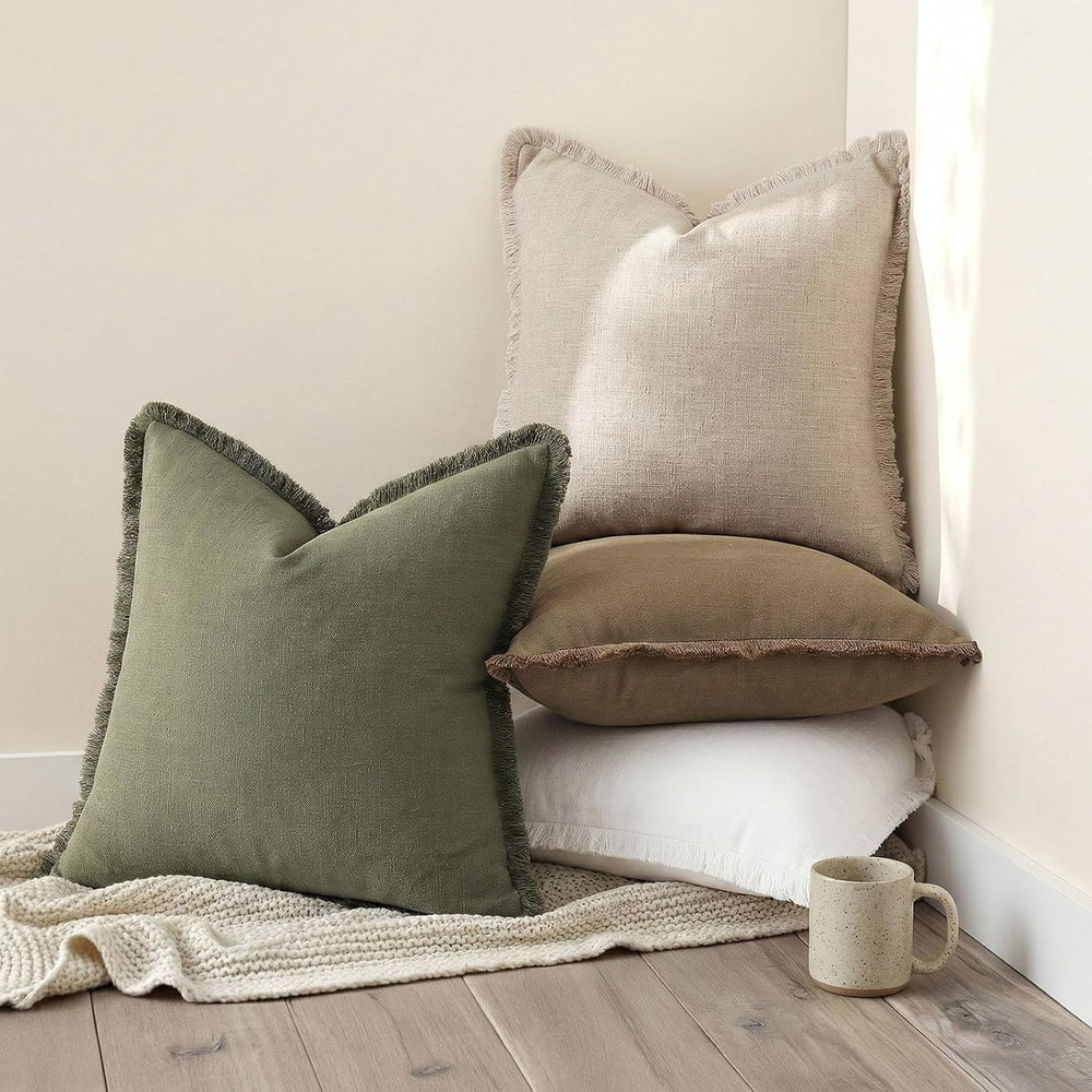 decorUhome Linen Fringe Olive Green Throw Pillow Covers 24x24 Set of 2