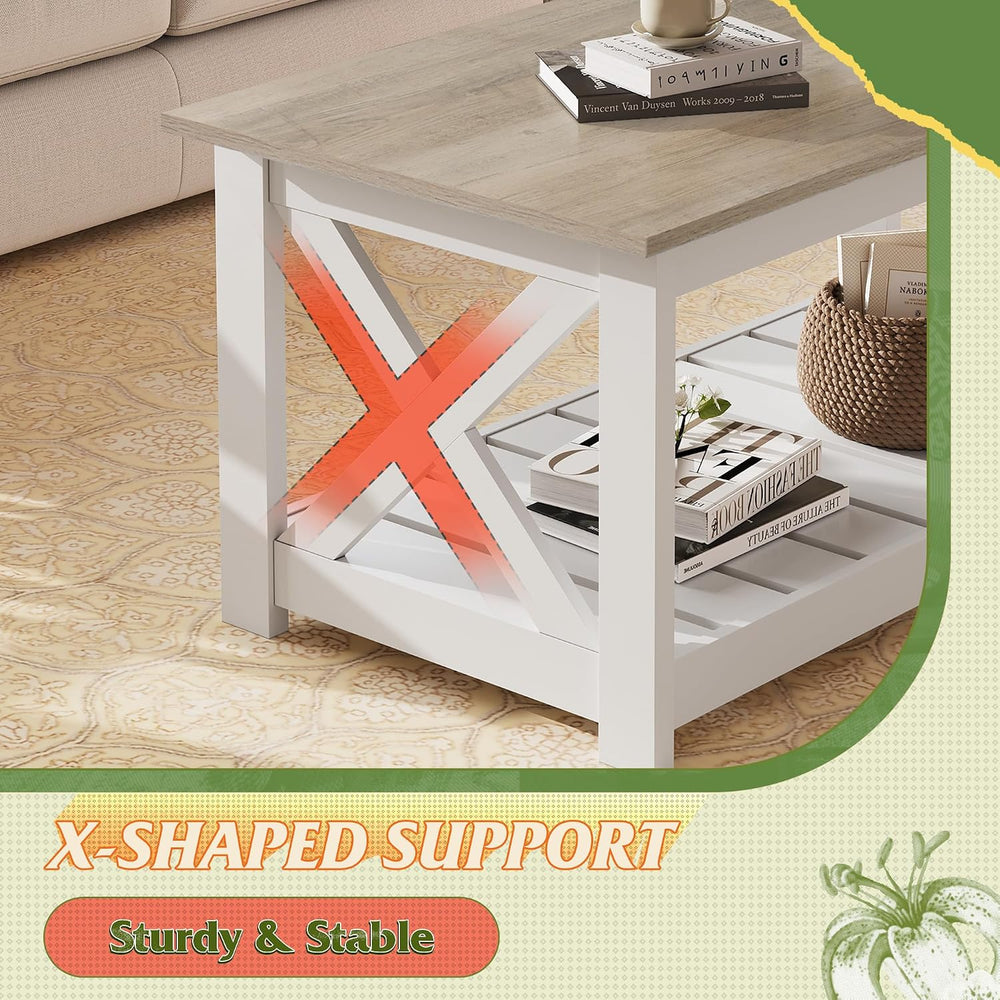WLIVE 2-Tier Coffee Table with X-Shape Frame, Classic White