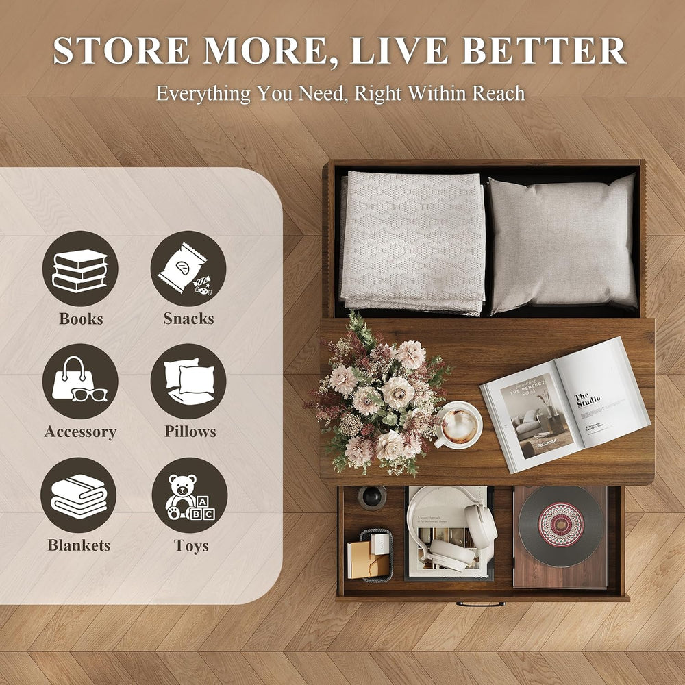 MALOL Storage Coffee Table with 2 Drawers & Flip-Top Lid with Hidden Stor...