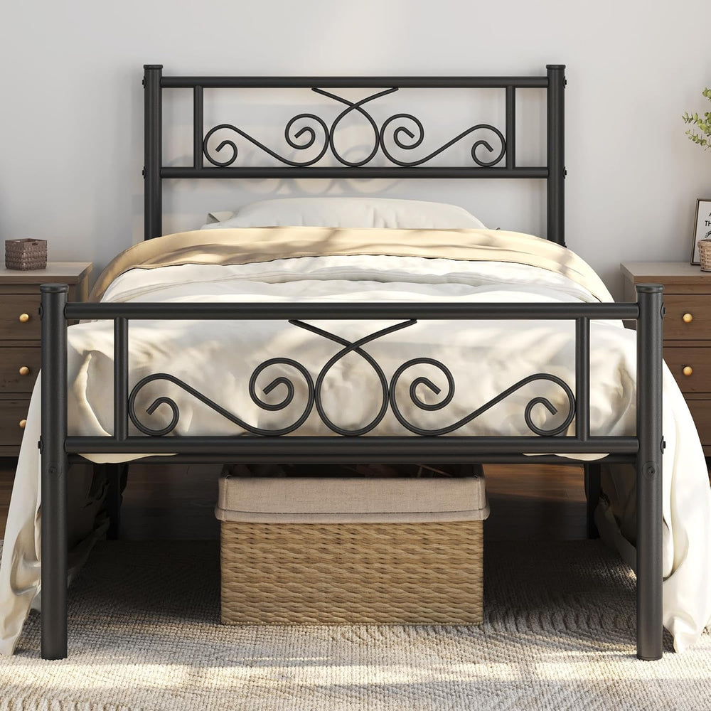 Yaheetech Twin XL Metal Bed Frame with Scroll Headboard and Footboard Black