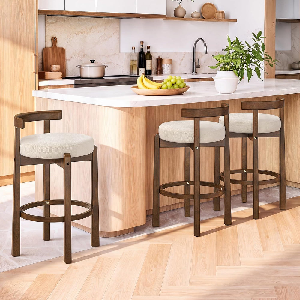 LUE BONA Counter Height Bar Stools Set of 3, 26" Linen Upholstered Low B...