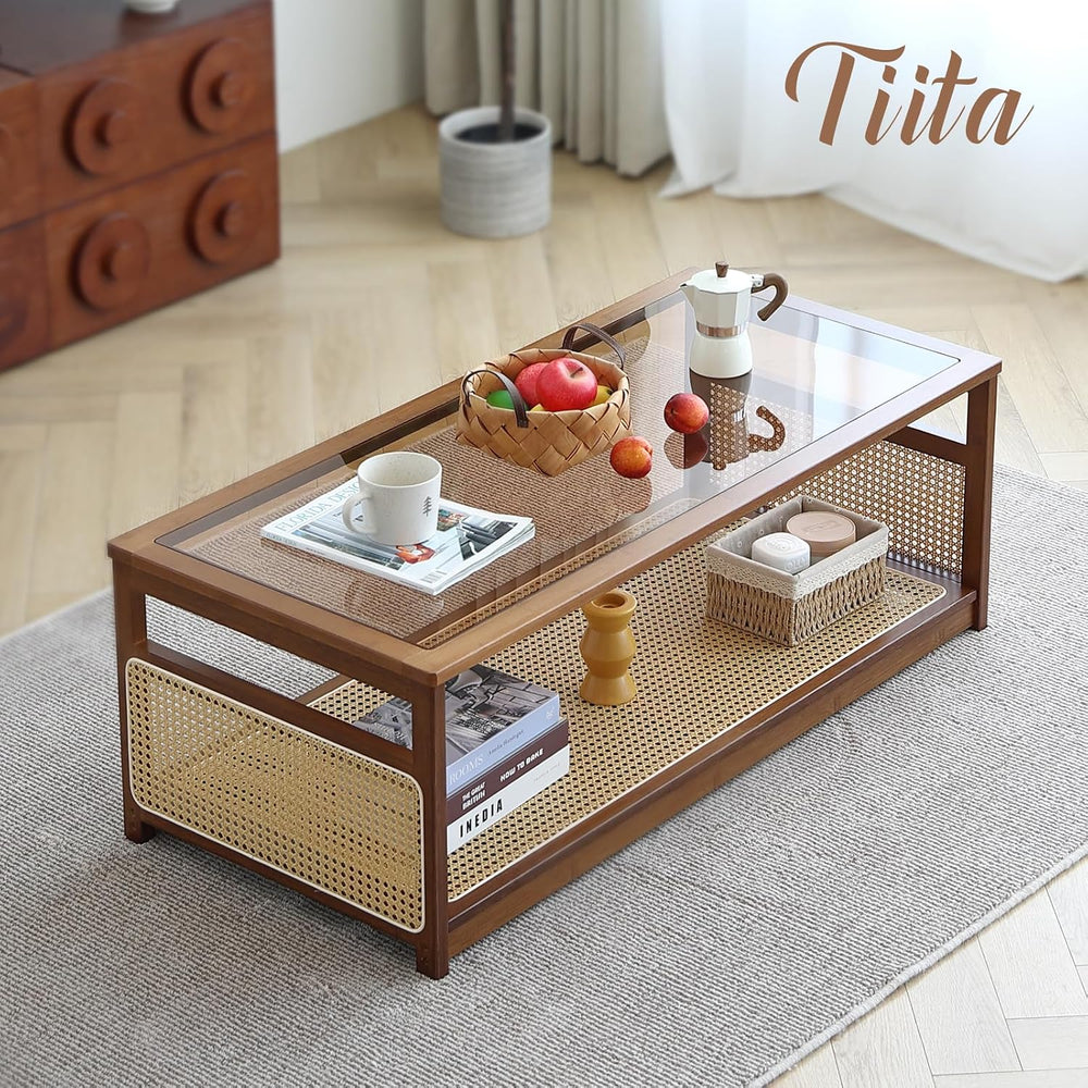 Tiita Large Bamboo Rectangle Coffee Table, Glass Top, Rattan Storage, Brown