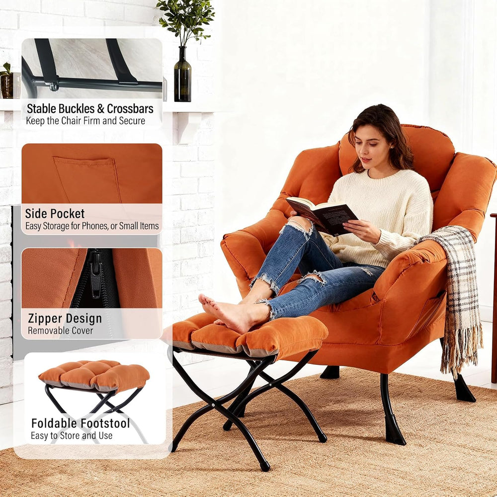 Furlide Lazy Chair with Ottoman, Soft Comfy Chair for Bedroom, Orange