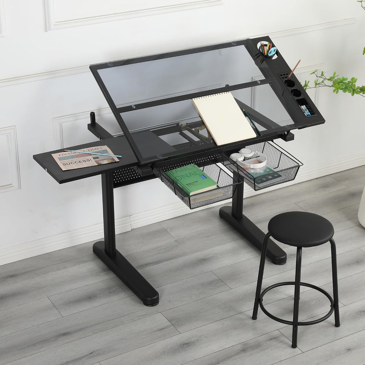 Adjustable Drafting Table Desk with Storage, Hand Crank Tilting | Hand crank height adjustable 75-105cm, E0 MDF pull-out side desktop, adjustable leg angles for uneven ground, includes s