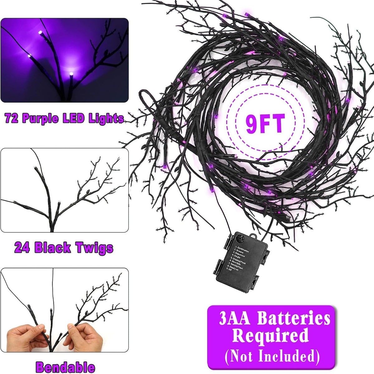 9Ft 72 LED Halloween Willow Vine Twig Garland with Lights - 8 Modes & Timer, Orange,Purple and Green, Waterproof Battery Operated for Mantle, Wall, Fireplace, Indoor Halloween Decorations
