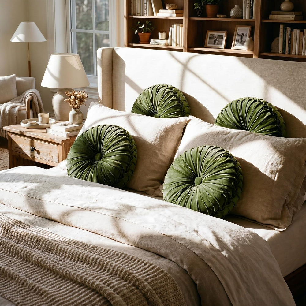 Kathfly 4 Pcs Round Throw Pillows Velvet Pleated Pillows, Olive Green