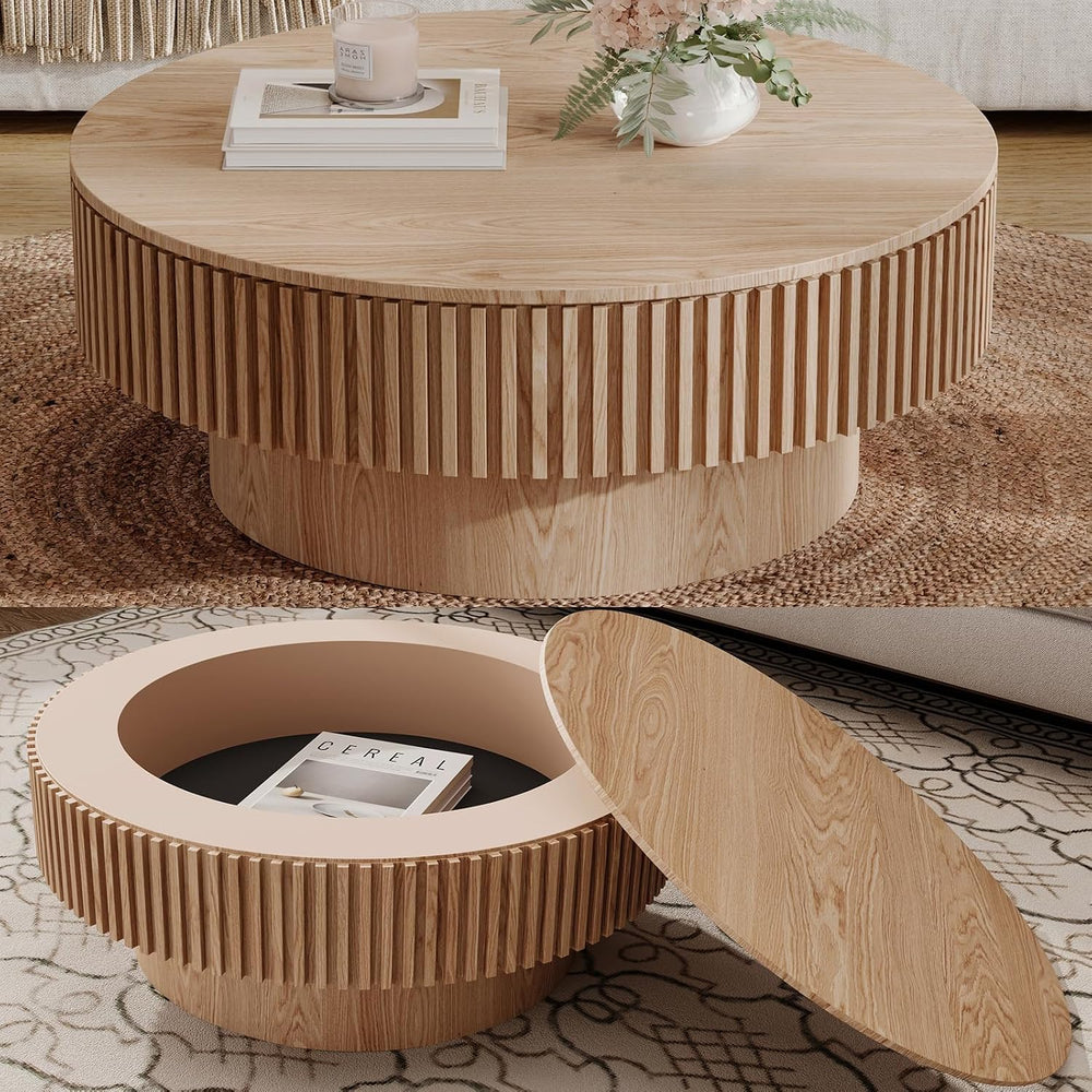 31.5''Round Coffee Table with Storage, Modern Luxury Circle Drum Cent...
