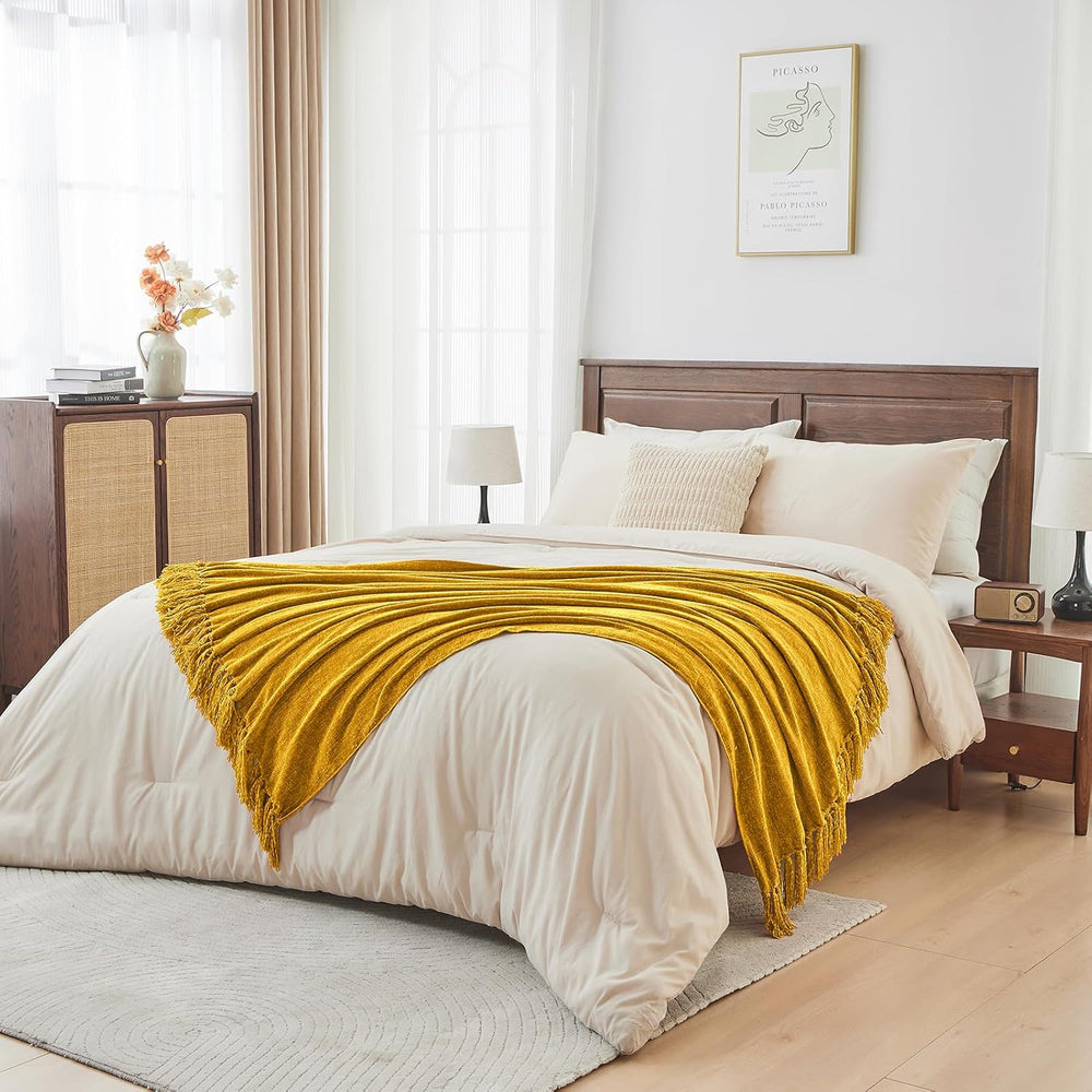 CozeCube Chenille Throw Blanket, Harvest Gold Fringe Blanket, 50"X60"