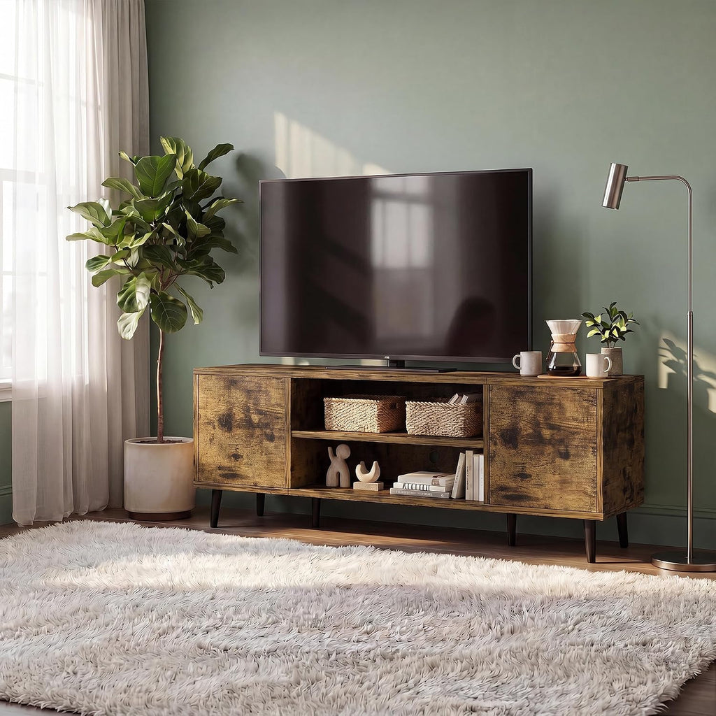 JUMMICO Mid-Century Modern TV Stand with Storage, 50 Inch, Rustic Brown