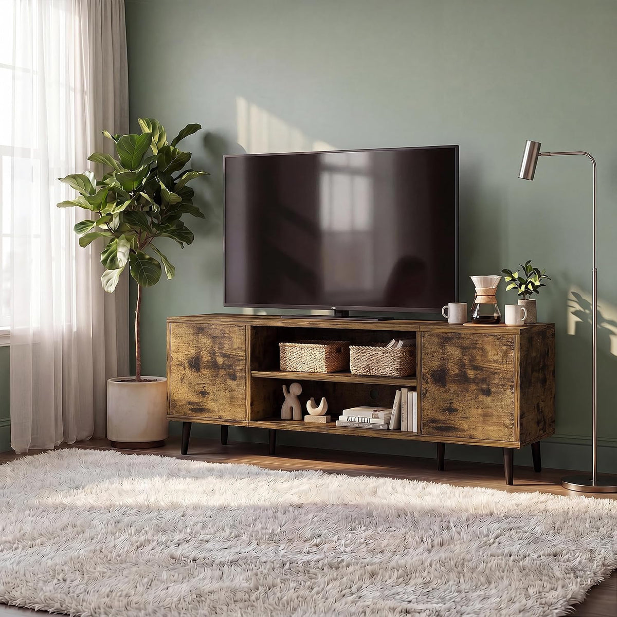 JUMMICO Mid-Century Modern TV Stand with Storage, 50 Inch, Rustic Brown