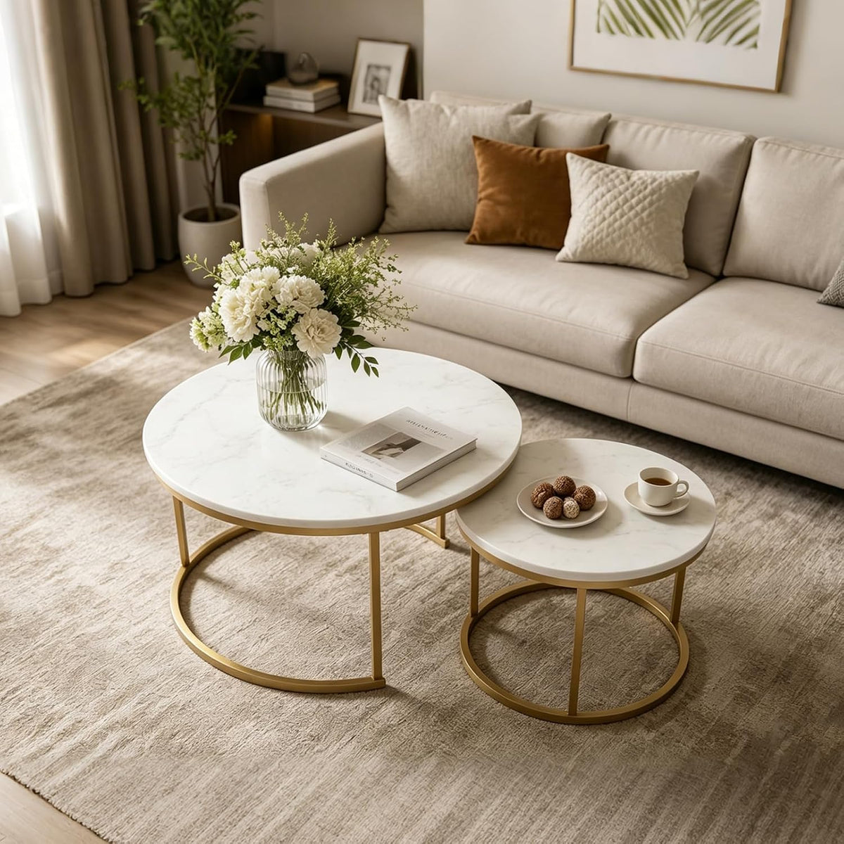 White Round Nesting Coffee Table Set of 2, Marble Pattern Top with Gold Metal Frame, 27.6" & 19.7" Nesting Side Table for Living Room, Space Saving
