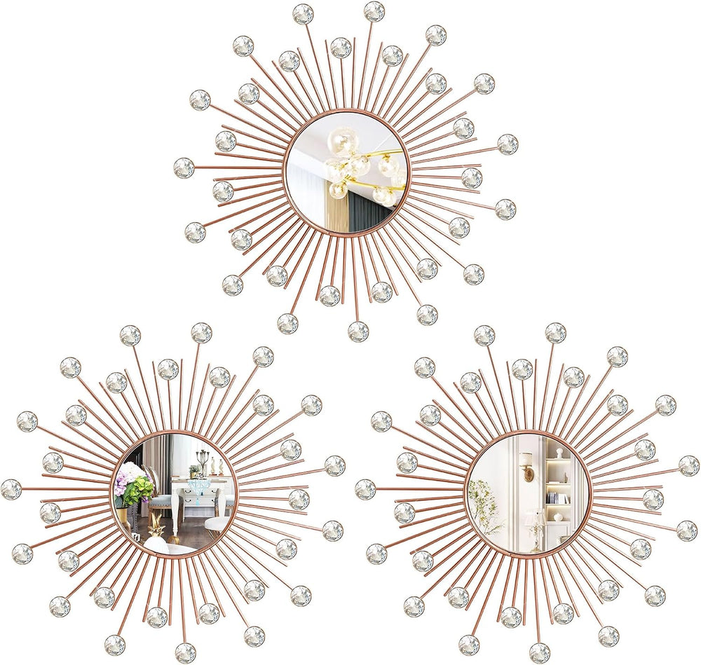 3 Pack Metal Mirrors for Wall Sunburst Wall Mirror Rose Gold Crystal Décor