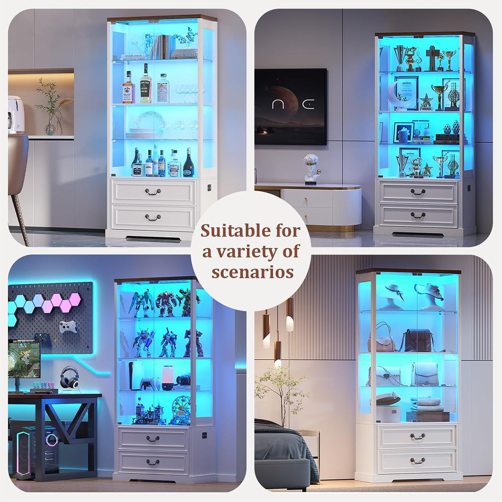 TAGELIER 67" Tall Display Cabinet with Glass Doors and 2 Drawers, White