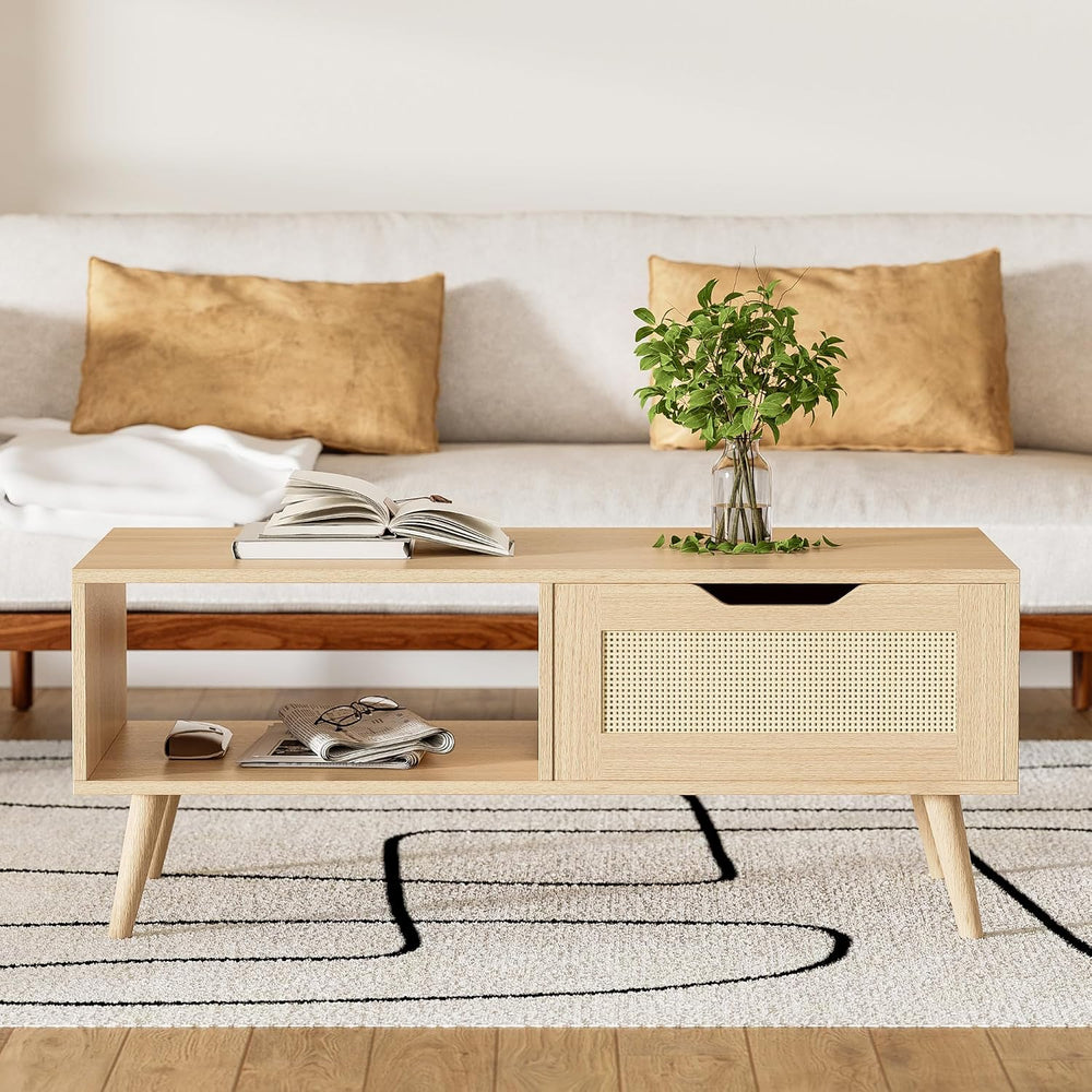 DIYART Oak Rattan Coffee Table, Mid Century Modern with Drawer & Shelf, 3...
