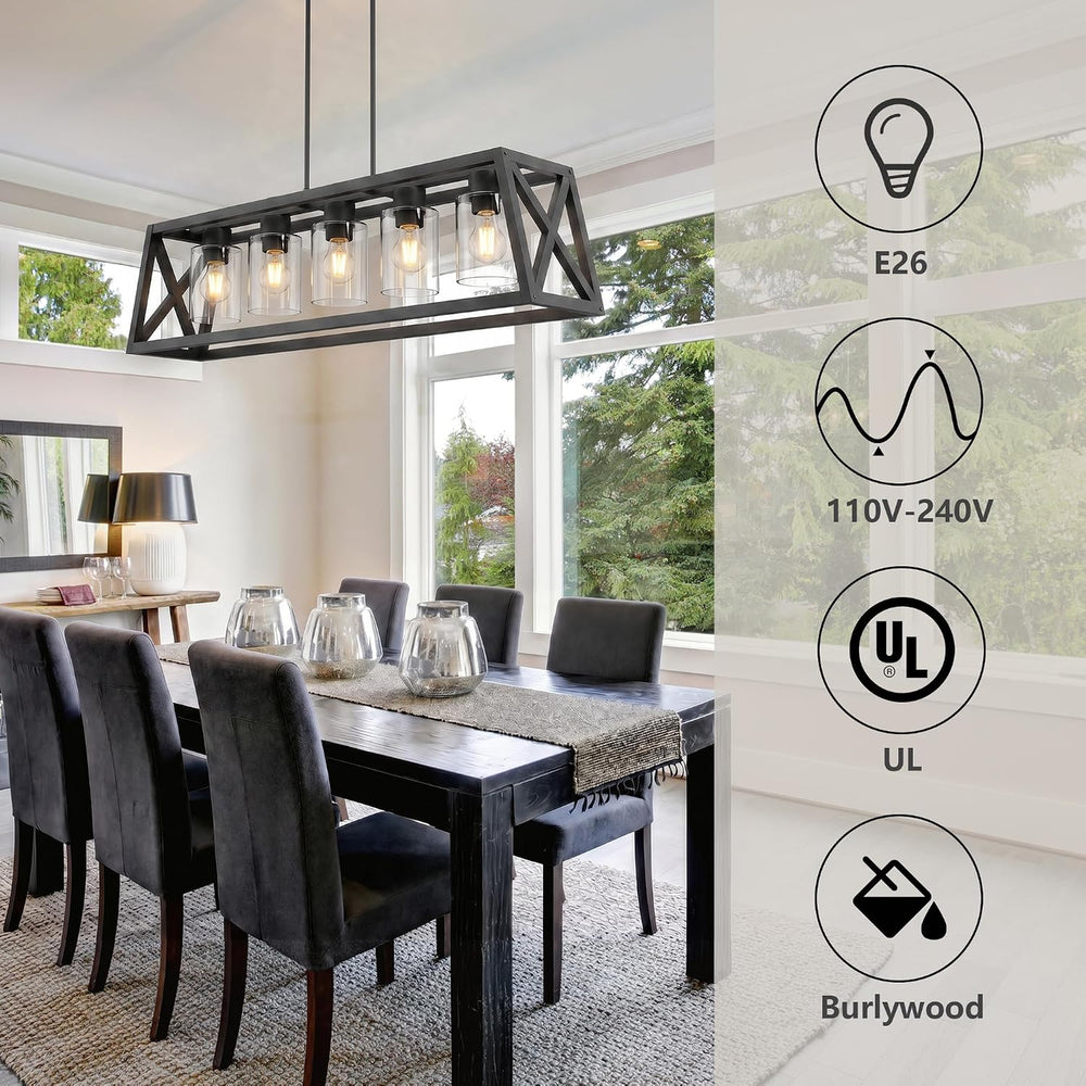 Dining Room Light Fixture, 5 Light, Black, Adjustable, Thickened, Trapezoid