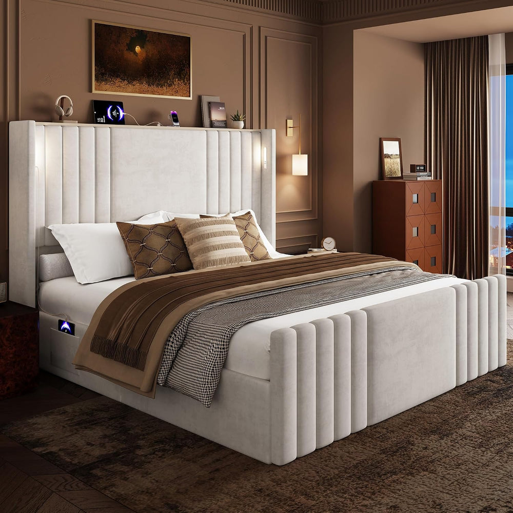 55" Tall Queen Size Platform Bed Frame with 2 Reading Lights, Cream